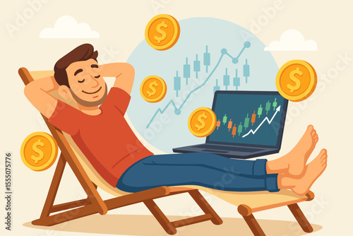 Relaxed Investor Earning Passive Income Online, Successful Trader on Deckchair, Making Money from Stock Market Investments, Technical Analysis, Financial Freedom, Wealth Growth Concept Illustration