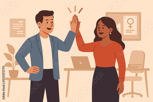 Gender equality teamwork success in workplace. Man and woman colleagues high five in office. Diversity, inclusion, empowerment, women’s rights, partnership, business achievement vector illustration