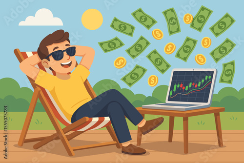 Passive income financial freedom concept. Relaxed online trader earning money outdoors. Stock market investment, trading success, profit growth. Laptop with chart, cash, coins. Vector illustration