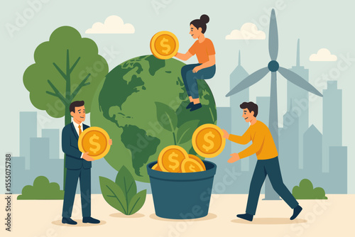 Sustainable investment in clean energy and eco-friendly industry, people supporting green economy, renewable resources, environmental conservation, global finance, wind turbines, cartoon vector