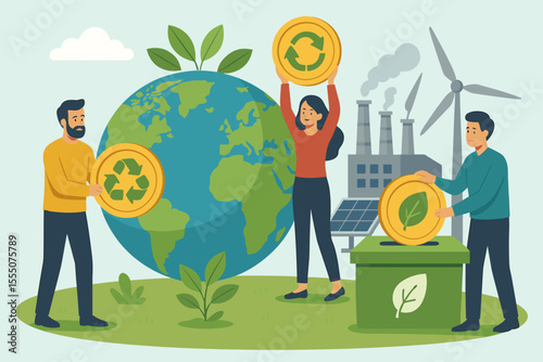 People Supporting Global Environmental Sustainability, Investing in Clean Energy, Recycling, Renewable Resources, Eco-Friendly Industry, Green Technology, Earth Conservation Vector Illustration