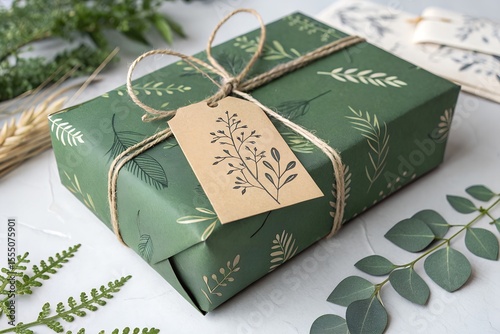 Gift box with green wrapping paper and kraft tag, ideal for holiday, birthday, party, packaging, present surprise, celebration, gift box decoration
