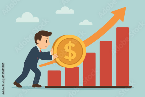 Businessman pushing gold dollar coin up rising bar graph, financial investment, profit growth, income increase, economic success, revenue improvement, money management concept illustration