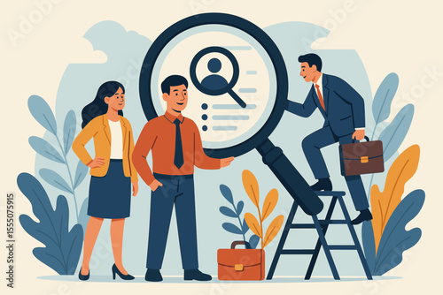 Job search concept with business professionals using magnifying glass to explore employment opportunities, career growth, recruitment, HR process, candidate selection, teamwork, office illustration