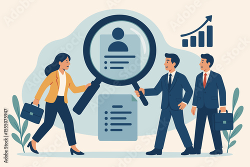 Business professionals job search concept, employees using magnifying glass to analyze resumes, explore employment opportunities, recruitment, career growth, hiring process, HR management vector