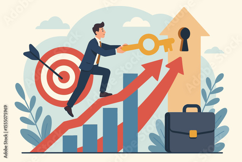 Business success concept, career growth, achieving goals, strategic planning, leadership, key to opportunity, reaching targets, upward arrows, businessman, vector illustration, motivation
