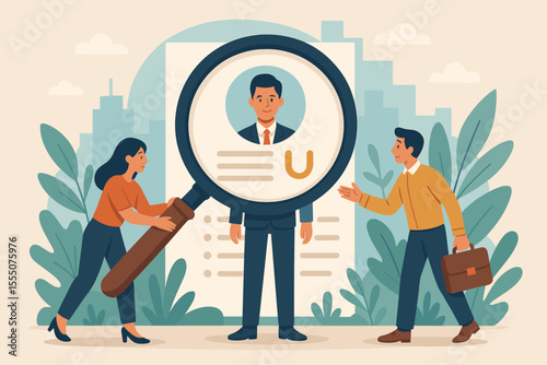 Job search recruitment concept with employees analyzing resume using magnifying glass, exploring employment opportunities, career growth, human resources, hiring process, candidate selection