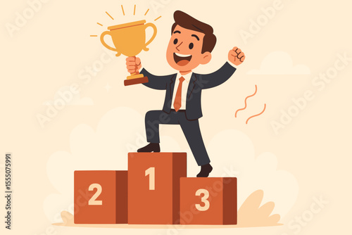 Businessman celebrating victory on winner podium holding golden trophy cup. Leadership success, achievement, motivation, career growth, business competition, first place award, vector illustration
