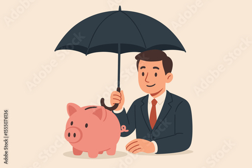 Businessman holding umbrella protecting piggy bank, financial security, savings protection, risk management, insurance concept, cartoon vector illustration, money safety, investment planning