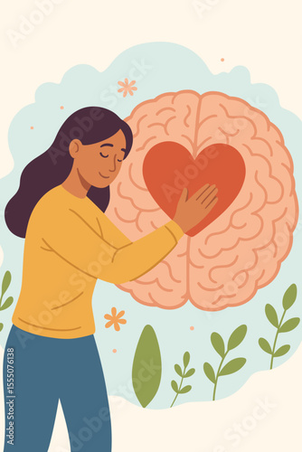 Mental health awareness, woman embracing brain with heart symbol, compassion, self care, emotional intelligence, psychological well-being, support, empathy, mindfulness, vector illustration
