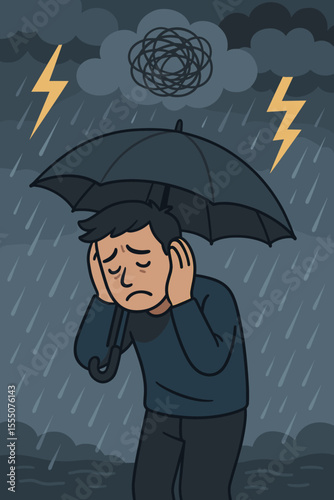 Depressed man sheltering under umbrella in thunderstorm. Mental health crisis, anxiety, stress, sadness, depression concept. Rain, lightning, dark clouds. Emotional struggle vector illustration