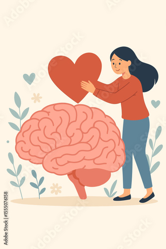 Mental health awareness concept. Woman embracing brain with heart symbol. Compassion, self-care, emotional support, psychological well-being. Mindfulness, empathy, mental wellness vector illustration