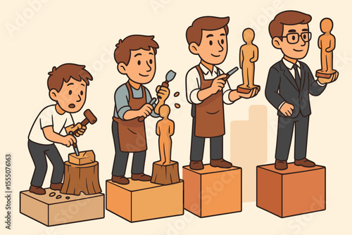 Skill Development Progression Cartoon, Novice to Expert, Craftsmanship Journey, Personal Growth, Learning Stages, Self Improvement, Mastery, Achievement, Vector Illustration, No Text