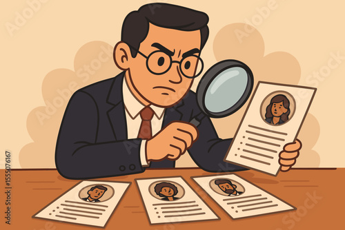 HR manager reviewing resumes with magnifying glass, recruitment process, candidate selection, human resources, job interview, hiring, employment search, diverse applicants, cartoon vector illustration