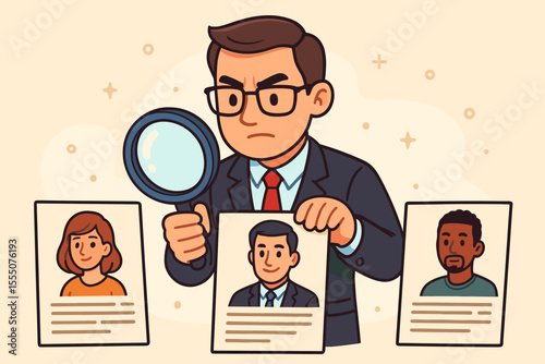 Human Resources Manager Analyzing Resumes with Magnifying Glass. Recruitment Process. Candidate Selection. Job Interview. HR Professional Reviewing Applicants. Talent Search Vector Illustration