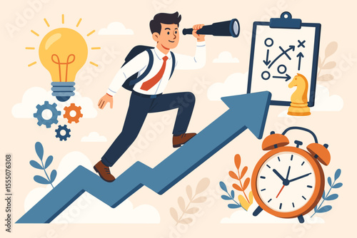 Business Startup Success Journey Concept. Entrepreneur Climbing Arrow Graph with Telescope. Innovation, Planning, Time Management, Strategy, Growth, Leadership. Vector Cartoon Illustration