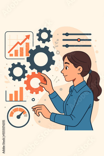 Female Analyst Optimizing System Performance with Gears, Settings, Graphs, and Speedometer. Business Process Improvement, Data Analysis, Workflow Automation, Productivity. Vector Illustration