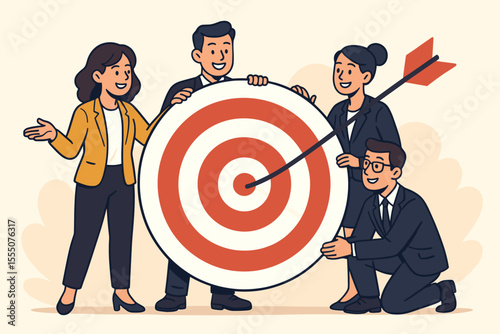 Business team achieving goals, teamwork collaboration, hitting target, successful strategy, leadership, group planning, arrow in bullseye, corporate success, business motivation, office illustration