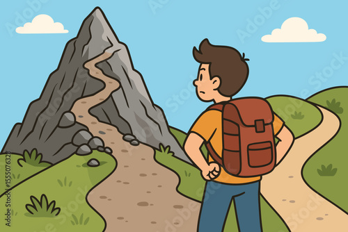 Cartoon boy at crossroads choosing mountain climb or easy path, overcoming obstacles, decision making, challenge vs comfort, motivation, personal growth, hiking adventure, vector illustration
