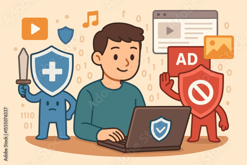 Cybersecurity protection concept. Cartoon illustration of internet safety, online privacy, ad blocker, antivirus shield, secure browsing, digital security, data protection, web safety, malware defense