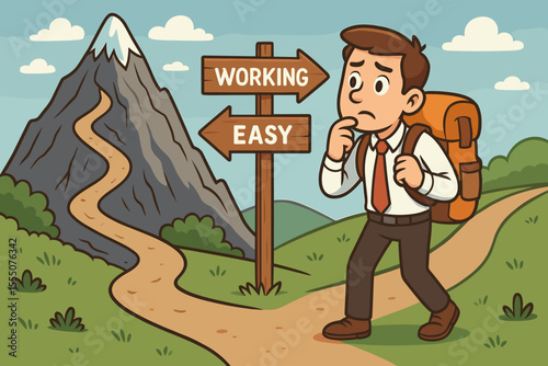 Businessman Decision Making at Crossroads Choosing Hard Work Mountain Path or Easy Road, Career Challenge, Overcoming Obstacles, Success Concept, Vector Cartoon Illustration, No Text