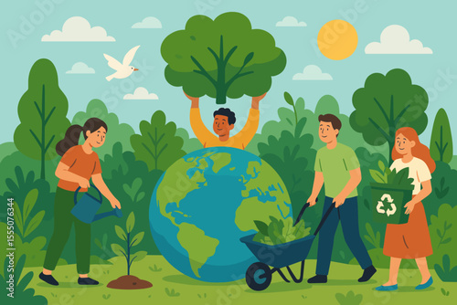 Diverse People Planting Trees Recycling and Watering Earth Day Concept. Environmental Protection, Sustainability, Nature Conservation, Eco-Friendly Community, Green Planet Vector Illustration