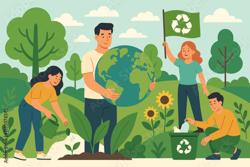 Eco-friendly community people protecting planet Earth, recycling, planting trees, promoting sustainability, environmental conservation, green nature, renewable resources, zero waste, climate action