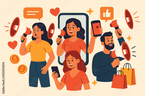 Influencer marketing promotion concept with people using smartphones, loudspeakers, social media icons, shopping bags, online advertisement, digital communication, vector cartoon illustration