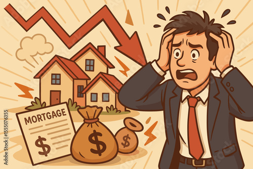 Housing Market Crash Concept. Stressed Investor, Falling Real Estate Prices, Mortgage Crisis, Financial Loss, Money Bags, Downward Arrow, Economic Recession, Home Value Decline, Vector Illustration