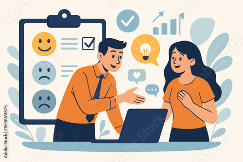 Customer Feedback Survey Concept. Business Team Discussing Satisfaction, Collecting Insights, Analyzing Suggestions, Improving Service. Vector Illustration with Survey, Emotions, Communication Icons
