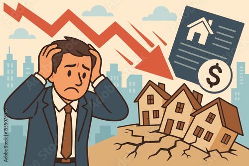 Real Estate Market Crash Concept. Worried Investor Facing Falling Property Values, Mortgage Crisis, Housing Bubble Burst, Financial Loss, Economic Recession, Foreclosure Risk, Urban Background