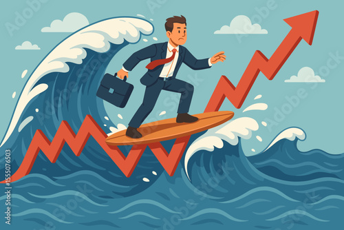 Businessman Surfing Financial Waves Navigating Market Volatility, Investment Risks and Opportunities, Economic Growth, Success, Leadership, Stock Market Arrow, Vector Cartoon Illustration