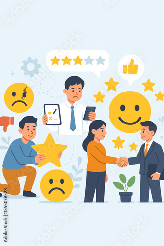 Customer Feedback and Reputation Management Concept. Business People Review Ratings, Satisfaction, Trust Building, Service Quality Improvement, Positive and Negative Emotions, Vector Illustration