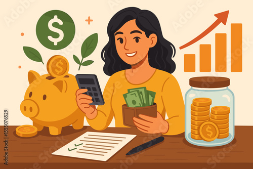 Financial planning woman with calculator, wallet cash, piggy bank, coins jar, investment growth chart. Budgeting, saving money, personal finance management, wealth, smart money habits, cartoon vector