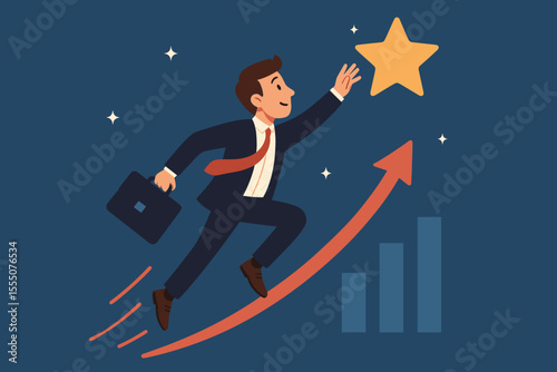 Ambitious Businessman Reaching for Star Success, Achieving Goals, Career Growth, Motivation, Climbing Arrow Graph, Business Achievement, Leadership, Professional Aspiration, Vector Illustration