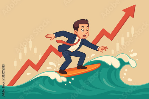 Businessman Surfing Financial Growth Wave, Navigating Stock Market Volatility, Investment Risks and Opportunities, Success Concept, Upward Arrow, Cartoon Vector Illustration for Finance and Business