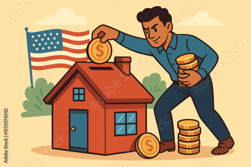 American Dream Home Savings Concept. Man Depositing Coins into House Piggy Bank. Financial Planning, Real Estate Investment, Mortgage, Wealth Building, USA Flag, Cartoon Vector Illustration
