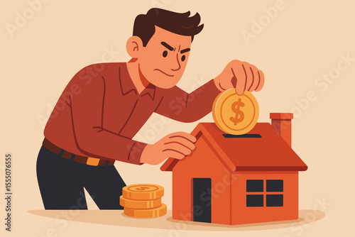 Financial Planning for Home Ownership Concept. Man Saving Money, Inserting Coin into House-Shaped Piggy Bank. Real Estate Investment, Mortgage Savings, Budgeting, Wealth Management Vector Illustration