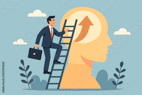 Businessman Climbing Ladder to Success Personal Growth Mindset Achievement Concept Career Development Motivation Reaching Full Potential Self Improvement Progress Upward Arrow Vector Illustration