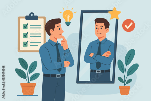 Self-Assessment Personal Development Concept. Businessman Evaluating Performance, Reflecting in Mirror, Checklist, Growth Mindset, Workplace Improvement, Motivation, Success, Goal Achievement