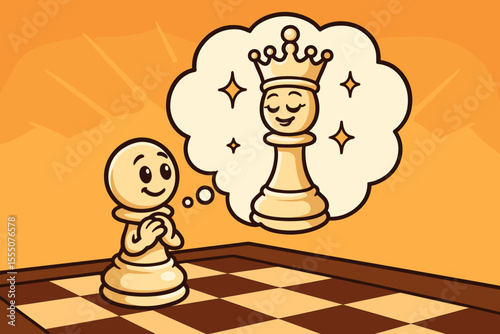 Ambitious Chess Pawn Dreaming of Becoming Queen, Cartoon Vector Illustration. Motivation, Aspiration, Growth, Success, Self-Improvement, Transformation, Imagination, Chessboard, Positive Mindset