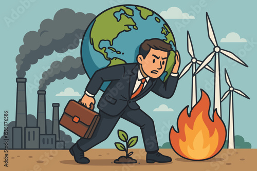 Businessman Carrying Earth Burden Climate Change Crisis Concept, Industrial Pollution, Renewable Energy, Wildfire, Sustainability, Environmental Responsibility, Global Warming Vector Illustration