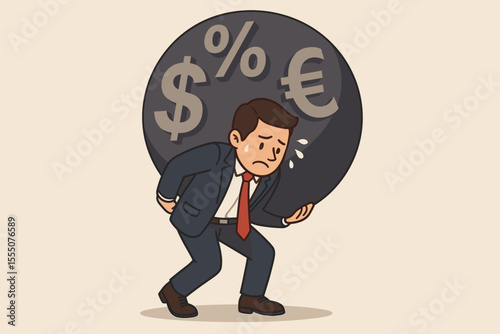 Businessman Struggling Under Heavy Debt Burden Cartoon. Financial Pressure, Economic Crisis, Overwhelmed by Dollar, Euro, Percent Symbols. Money Stress, Bankruptcy, Loan, Tax Concept Vector