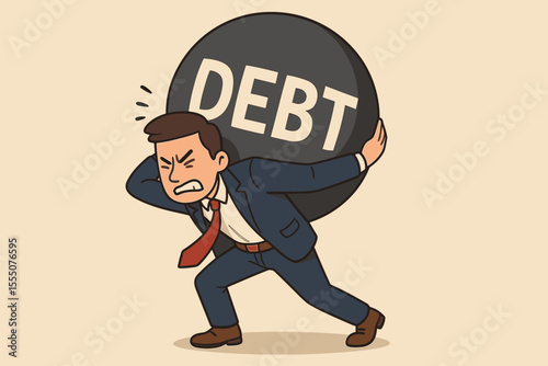 Overwhelmed Businessman Carrying Heavy Debt Burden Vector. Financial Stress, Economic Pressure, Money Problems, Corporate Crisis, Personal Loan, Bankruptcy Risk, Economic Hardship Concept Illustration