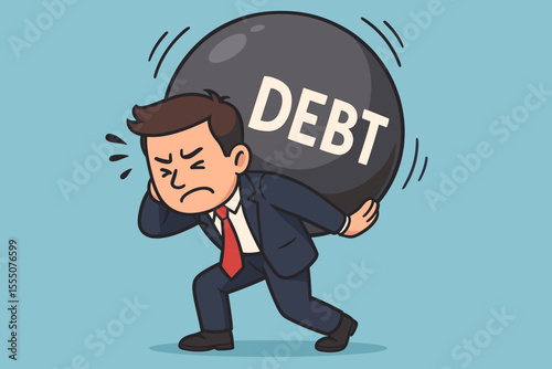 Stressed businessman carrying heavy debt burden. Financial pressure, economic stress, money problems, bankruptcy risk. Cartoon vector illustration of business crisis, debt overload, financial struggle