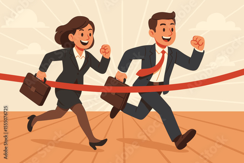 Business competition concept. Businessman and businesswoman in suits running with briefcases crossing finish line. Race for success, teamwork, leadership, motivation, achievement. Vector illustration.