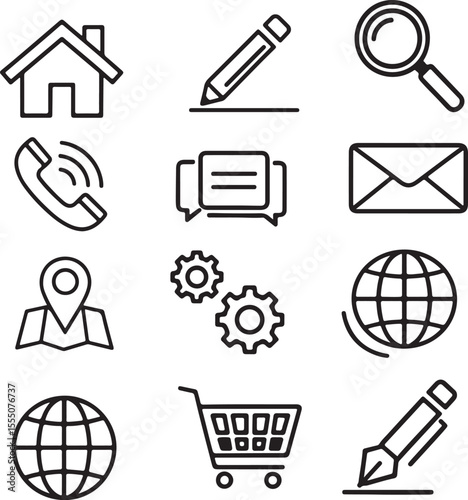 This vector set of web icons features symbols for internet communication, including mail, phone, home, globe, and search functions