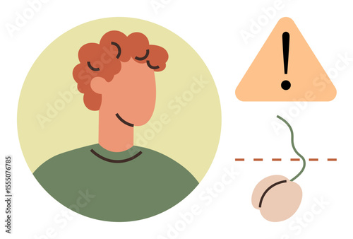 Person with red curly hair, warning sign with exclamation mark, and broken connection of computer mouse. Ideal for technology, troubleshooting, alert, communication, warning, human interaction