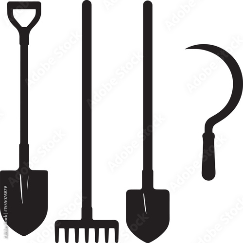 Agricultural Supplies Silhouette Icons for Organic Farming, black and white silhouette shovel, rake, hoe, and sickle