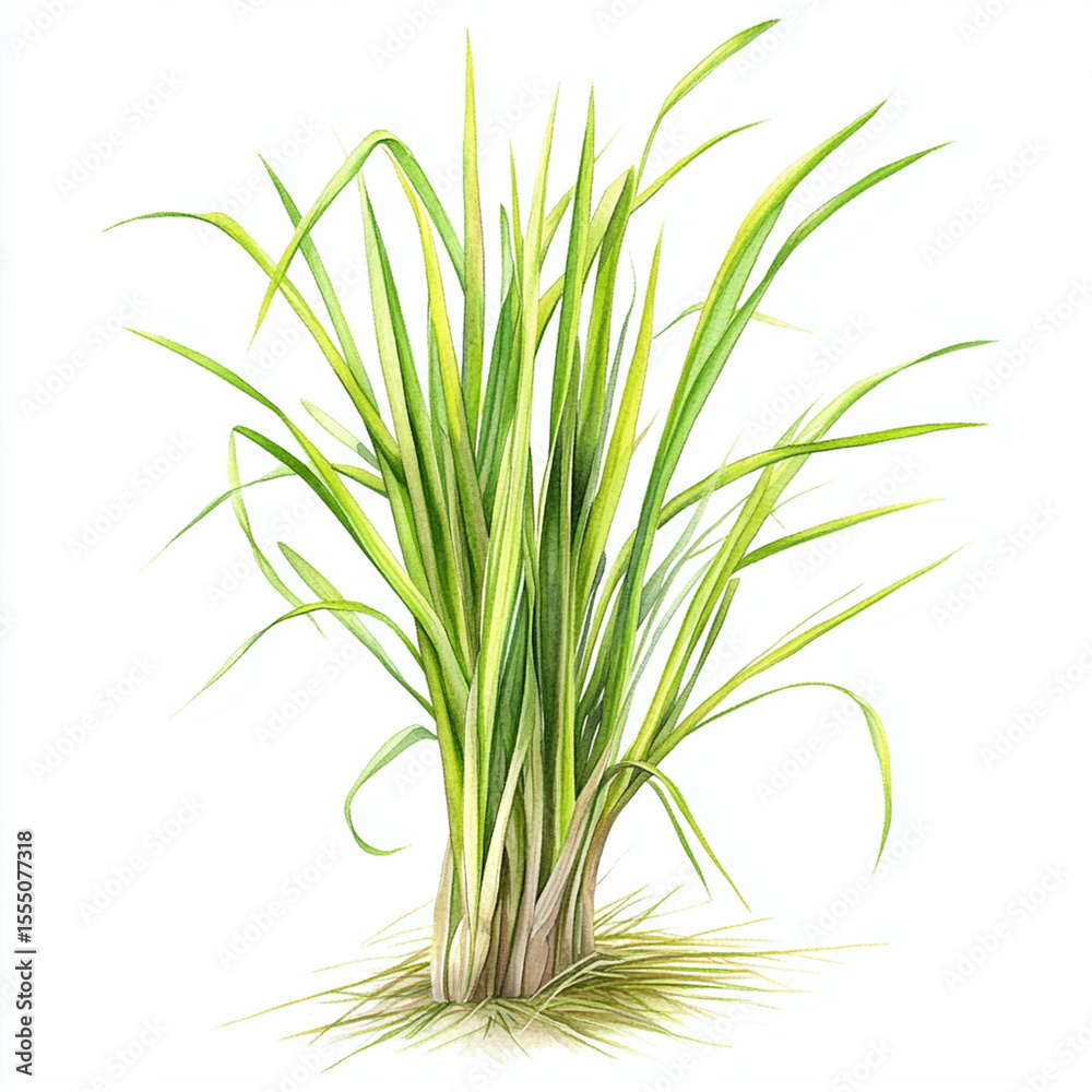 Fototapeta premium Fresh lemongrass stalks with leaves in watercolor botanical illustration style.